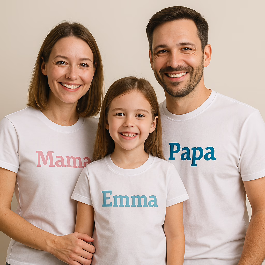 Mama und Papa tragen personalisiertes T-Shirt mit Kind